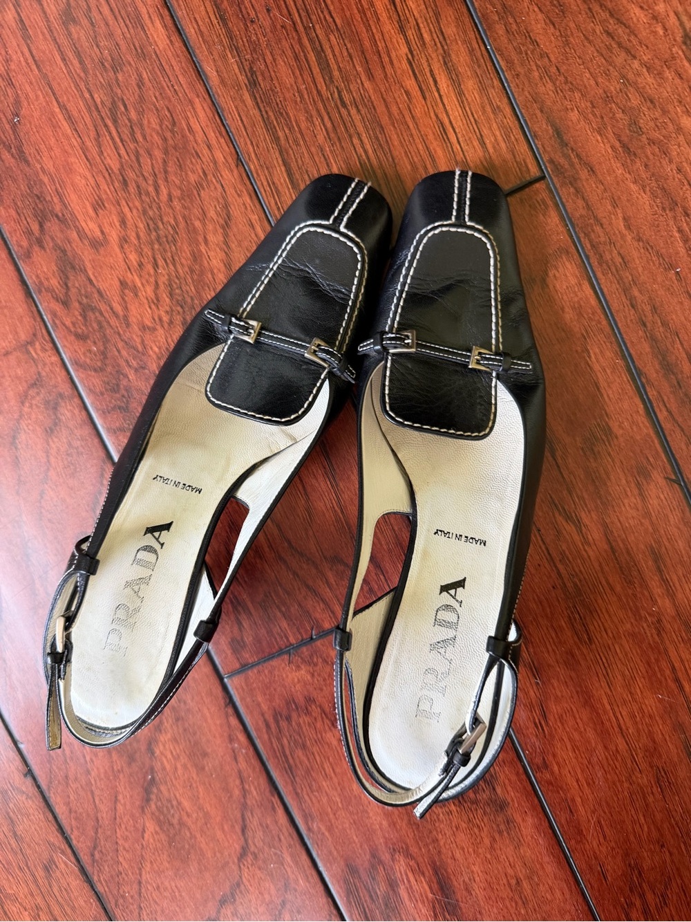 Prada Black Leather Slingback Kitten Heels with White Contrast Stitching